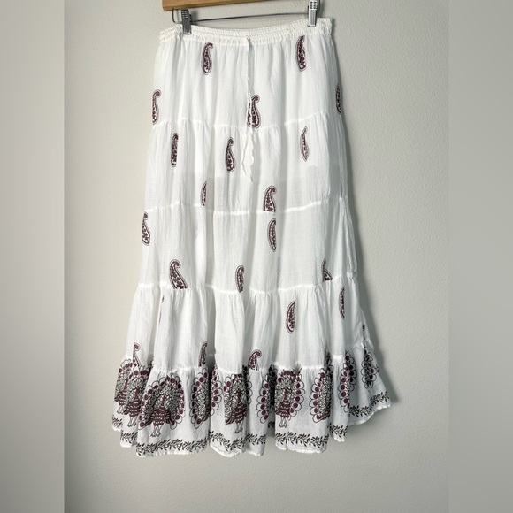 Vintage Y2K Tiered Cotton Maxi Skirt Size Large Paisley Peacock Peasant Bohemian - Picture 1 of 8